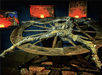 A skeleton tied to a wooden torture wheel on display at the Medieval Torture Museum in St. Augustine, Florida.
