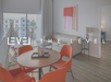 Modern living room with orange chairs, round table, beige sofa, abstract wall art, teepee with toys, large window, and "THE LEVEL" text overlay.