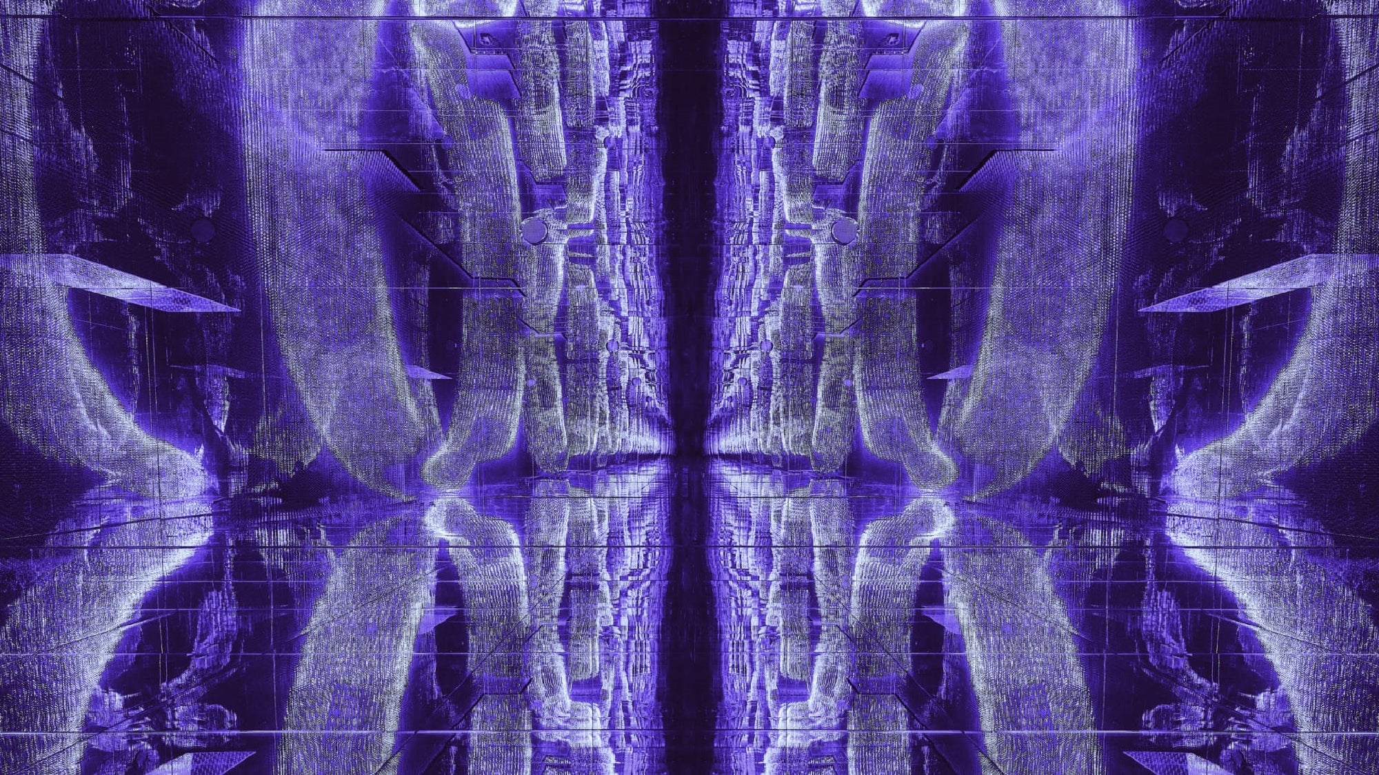Abstract digital artwork with symmetrical patterns in purple tones, featuring mirrored geometric lines and textured, layered surfaces resembling a futuristic structure.
