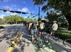 Cyclists in a line on a sunny street, waiting at a traffic light. Trees and clear sky in the background.