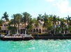 Luxury waterfront mansion with large windows, surrounded by palm trees, adjacent to a vibrant turquoise body of water. Sunny, clear sky above.