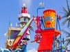 A giant water bucket with characters around it on a sunny day at Michigan's Adventure in Grand Rapids, Michigan.