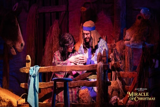 A man and woman dressed in robes cradle a baby in a wooden manger scene with animals in the background; "Miracle of Christmas" text appears in the corner.
