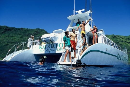A group of people stand on the deck of a white catamaran in clear blue water, with some preparing to snorkel and lush green mountains in the background.