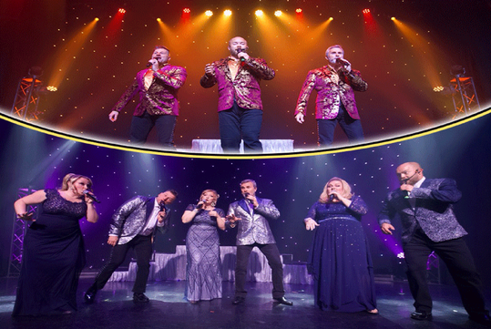 Two images show vocal groups performing on stage under colorful lights; the top group is three men, the bottom group is three men and three women in coordinated formal attire.