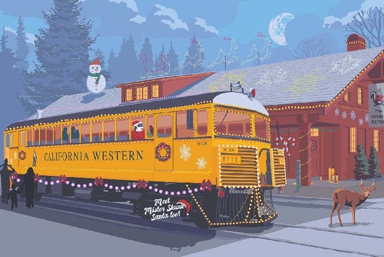 Art of large Christmas Tree with red train behind it.