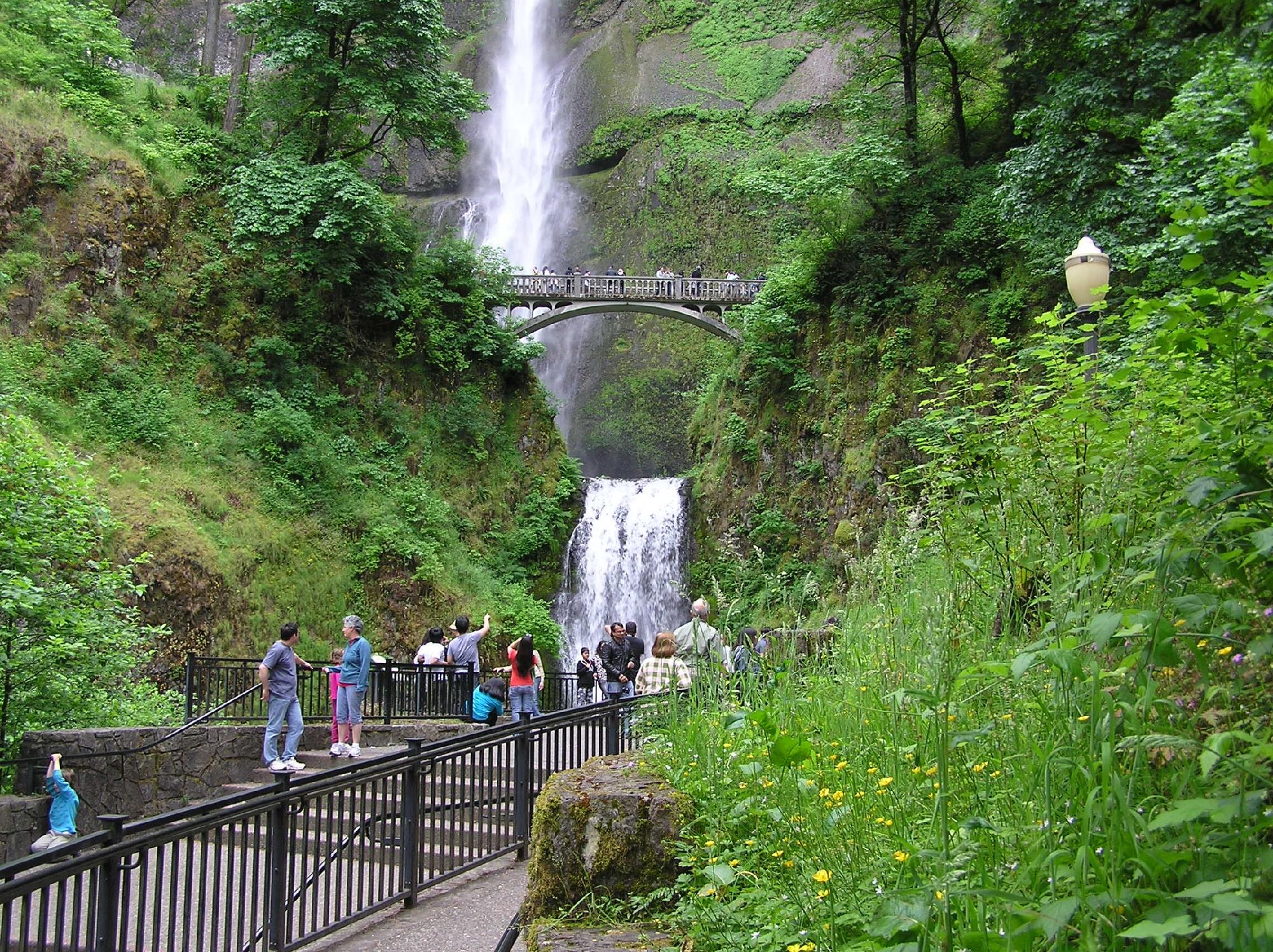 People gather on a paved path near a waterfall surrounded by greenery, with a footbridge spanning the upper section of the falls in the background.
