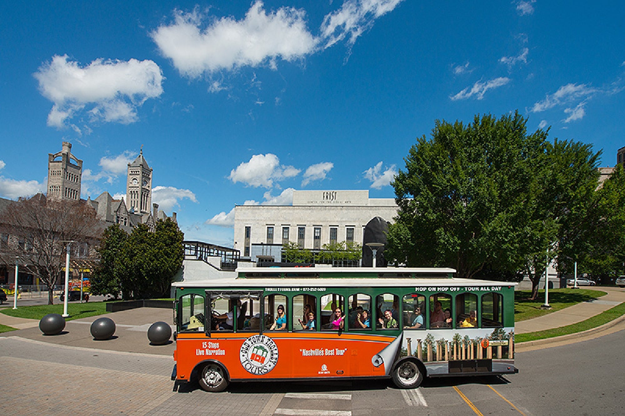 Sightseeing trolley outside the Frist Center for Visual Arts.