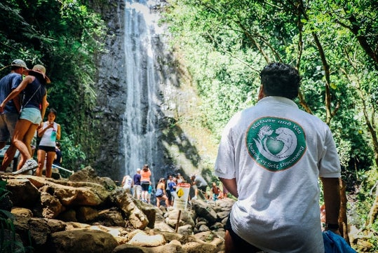 A group of people gather at the base of a waterfall in a lush forest. A man in a white shirt with a green circular design is in the foreground, facing the waterfall.