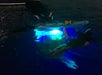 Three snorkelers hold onto a paddleboard with a bag on it at night, illuminated by blue underwater lights in dark water.