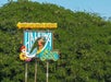 Colorful sign for Haleiwa North Shore with a surfing illustration, set against a backdrop of green foliage.
