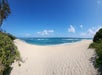 A sandy beach with clear blue water and a bright sky, surrounded by green foliage.