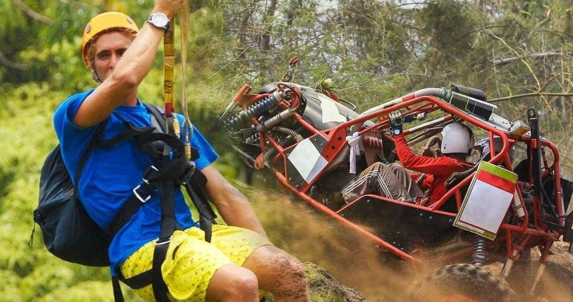 A man wearing a helmet zip-lines in the foreground while another person drives an off-road buggy through rough terrain in the background.