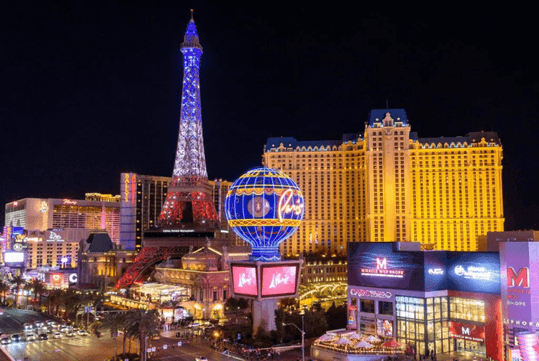 Enchanting hotel exterior overlooking the Eiffel tower replica.