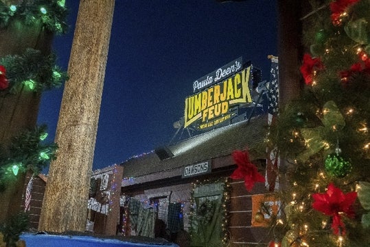 Paula Deen's Lumberjack Feud Show decorated for Christmas.