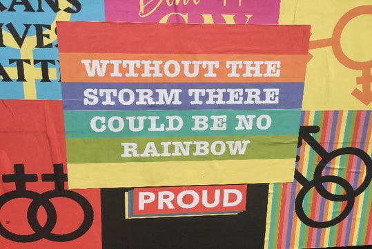 A collection of pride signs with the main focus on a rainbow sign saying Without the Storm There could be no Rainbow on the Pride Walking Tour in Manhattan, New York, USA.