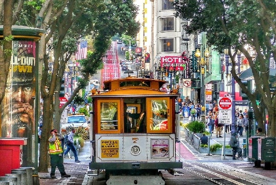 Classic cable car near Union Square in San Francisco, California, USA.