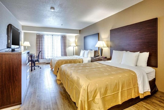 Hotel room with two double beds, wooden headboards, and gold bedding. A TV on a dresser, desk with a chair, lamps, and a window with curtains are visible.