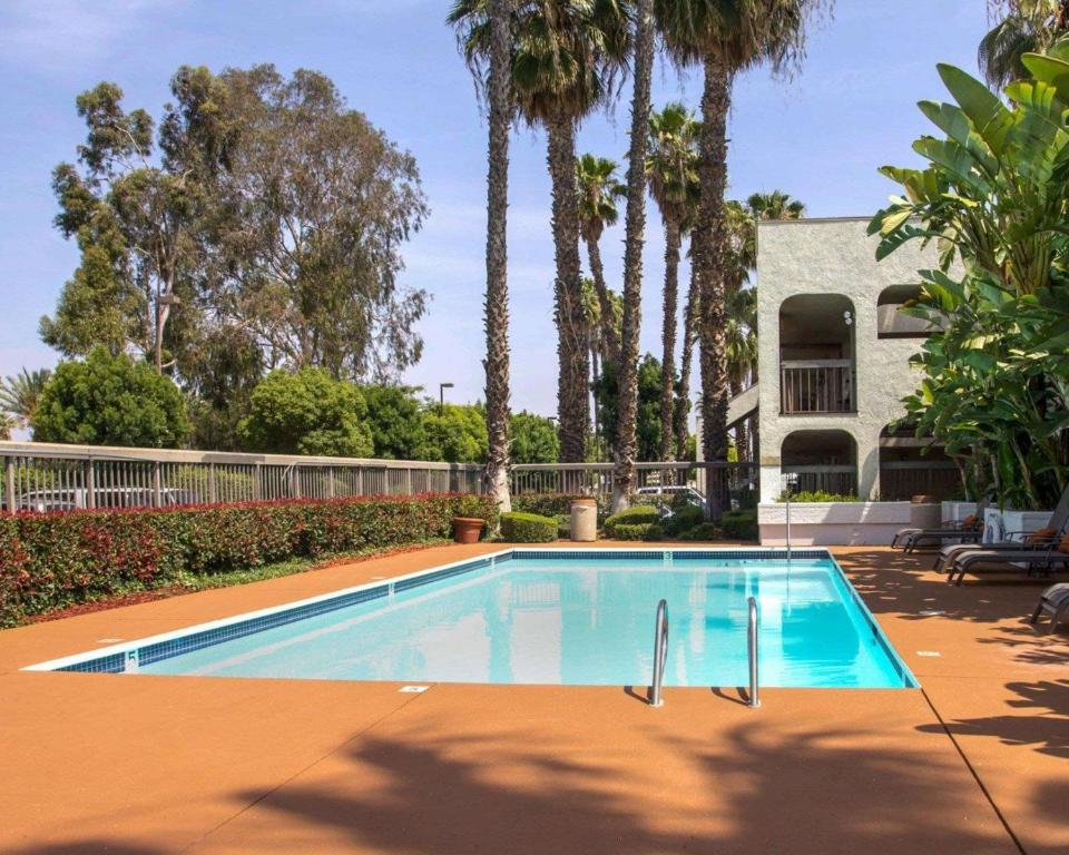 Outdoor swimming pool surrounded by palm trees and lounge chairs, next to a white two-story building.