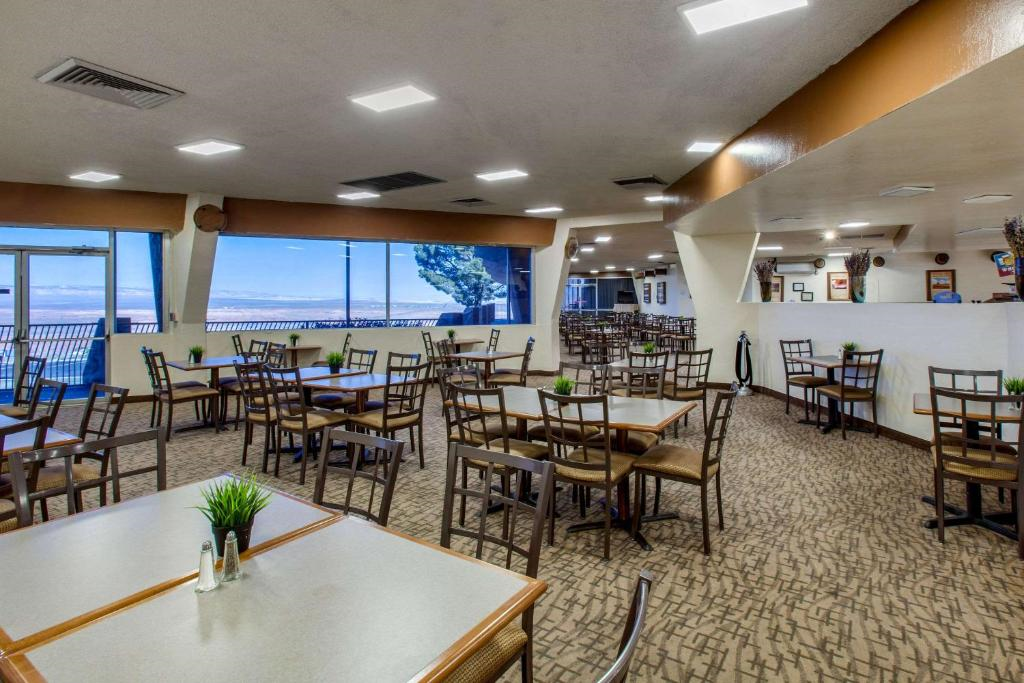 Empty restaurant with wooden chairs and tables, carpeted floor, and large windows offering a view of the outside. The room has a neutral color scheme with ceiling lights above.