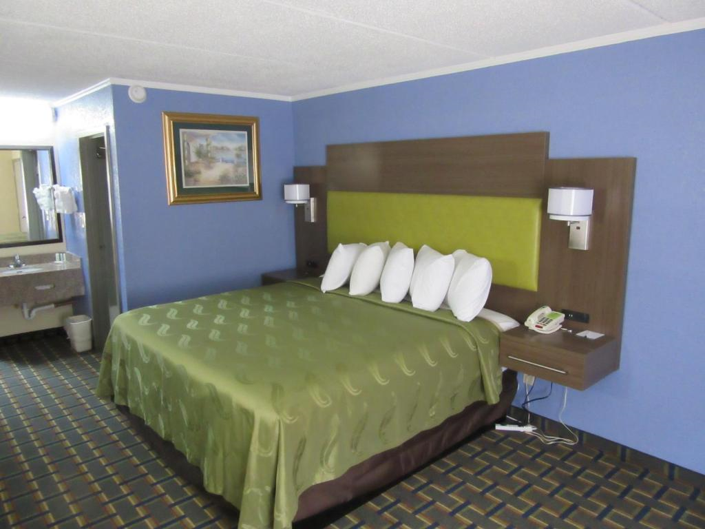Hotel room with a large bed, green and brown bedding, blue walls, wall lamps, a framed picture, bedside tables, and a view of a sink area in the background.