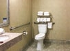 A single vanity mirror with toiletries, fresh towels, and toilet with grab bars in an accessible bathroom.