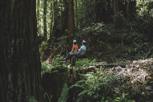 Two people on a railbike going through Pudding Creek in Fort Bragg, California.