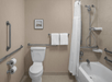 Accessible bathroom with grab bars, a toilet, a tub with a shower curtain, and two rolls of toilet paper on the wall. A framed picture hangs above two towels on a bar.