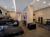 Modern gym with treadmills, ellipticals, weight benches, and a rack of weights. Minimalist decor with neutral tones and overhead lighting.