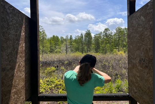 A person in a green shirt and black cap aims a firearm at a clay target in midair at an outdoor shooting range surrounded by trees and bushes.