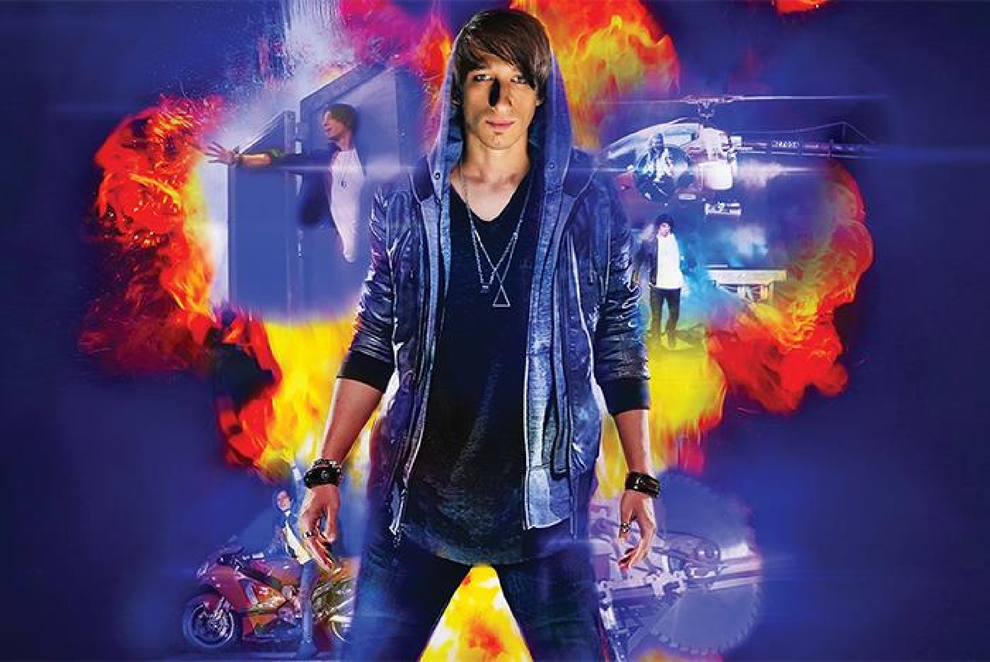 A young man in a hooded jacket stands confidently in front of fiery graphics, with action scenes and stunts involving a motorcycle and special effects in the background.