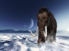 Woolly mammoth with long tusks stands on a snowy terrain under a clear sky with two visible celestial bodies.
