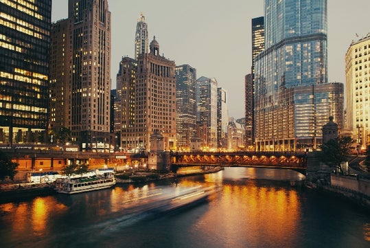 The Chicago River and view of the Chicago skyscrapers.