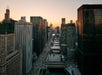 Aerial view looking down at the river and city at sunset from the River Hotel in Chicago, Illinois, USA.