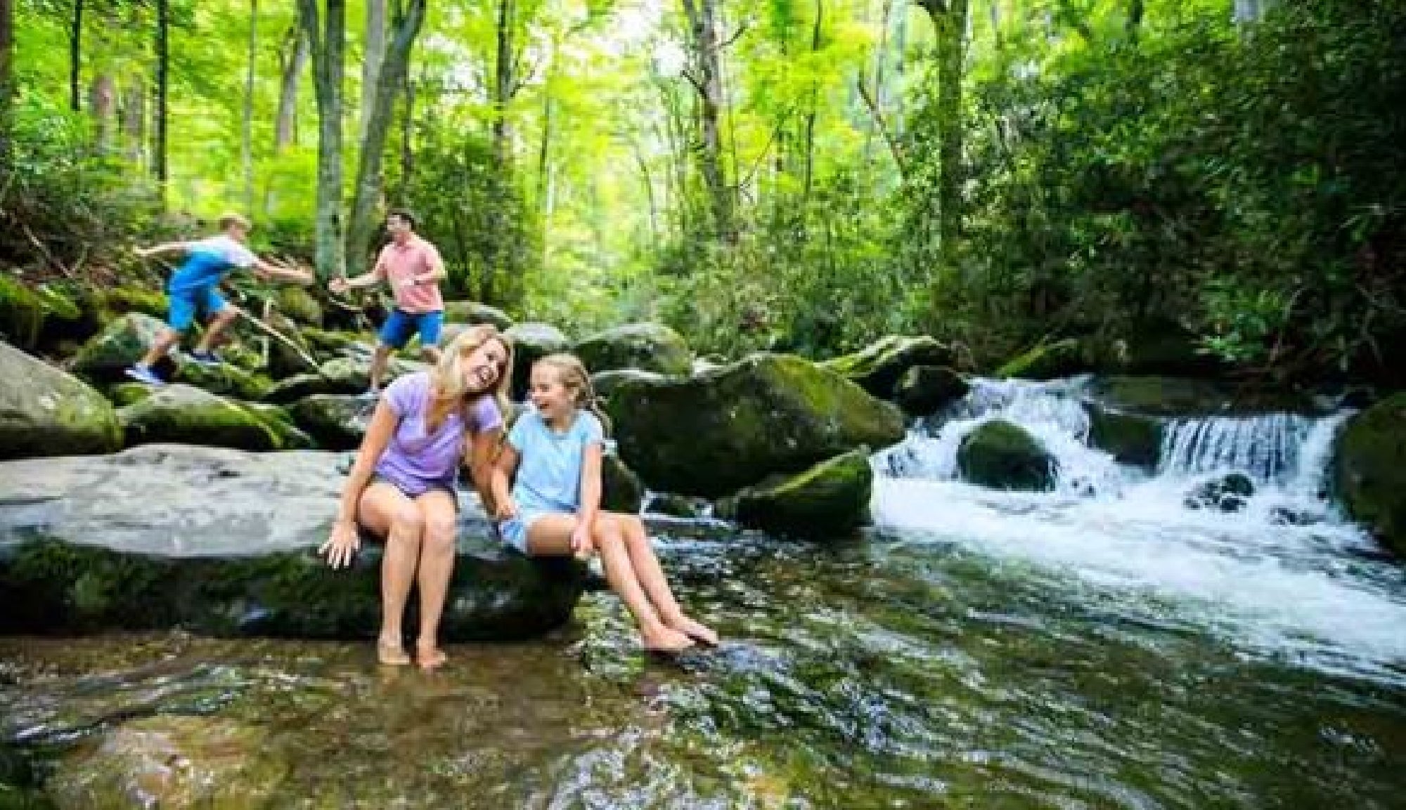 Two children sit on a rock by a stream in a lush forest, while two adults in the background are climbing rocks.