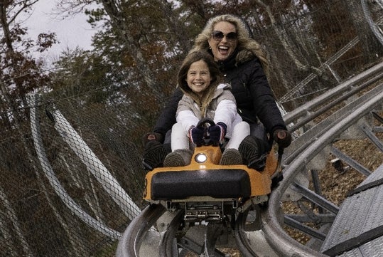 Two people, an adult and a child, ride together in a yellow cart on a roller coaster track surrounded by trees.