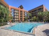 Outdoor swimming pool surrounded by a multi-story hotel building, palm trees, and lounge chairs on a sunny day.
