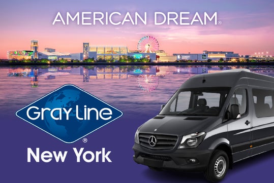 Mercedes-Benz van in front of a cityscape with a ferris wheel at sunset. The image includes "American Dream" and "Gray Line New York" text.