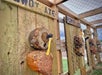 Axe embedded in a wooden target at an outdoor axe-throwing range, with other targets and axes visible in the background.