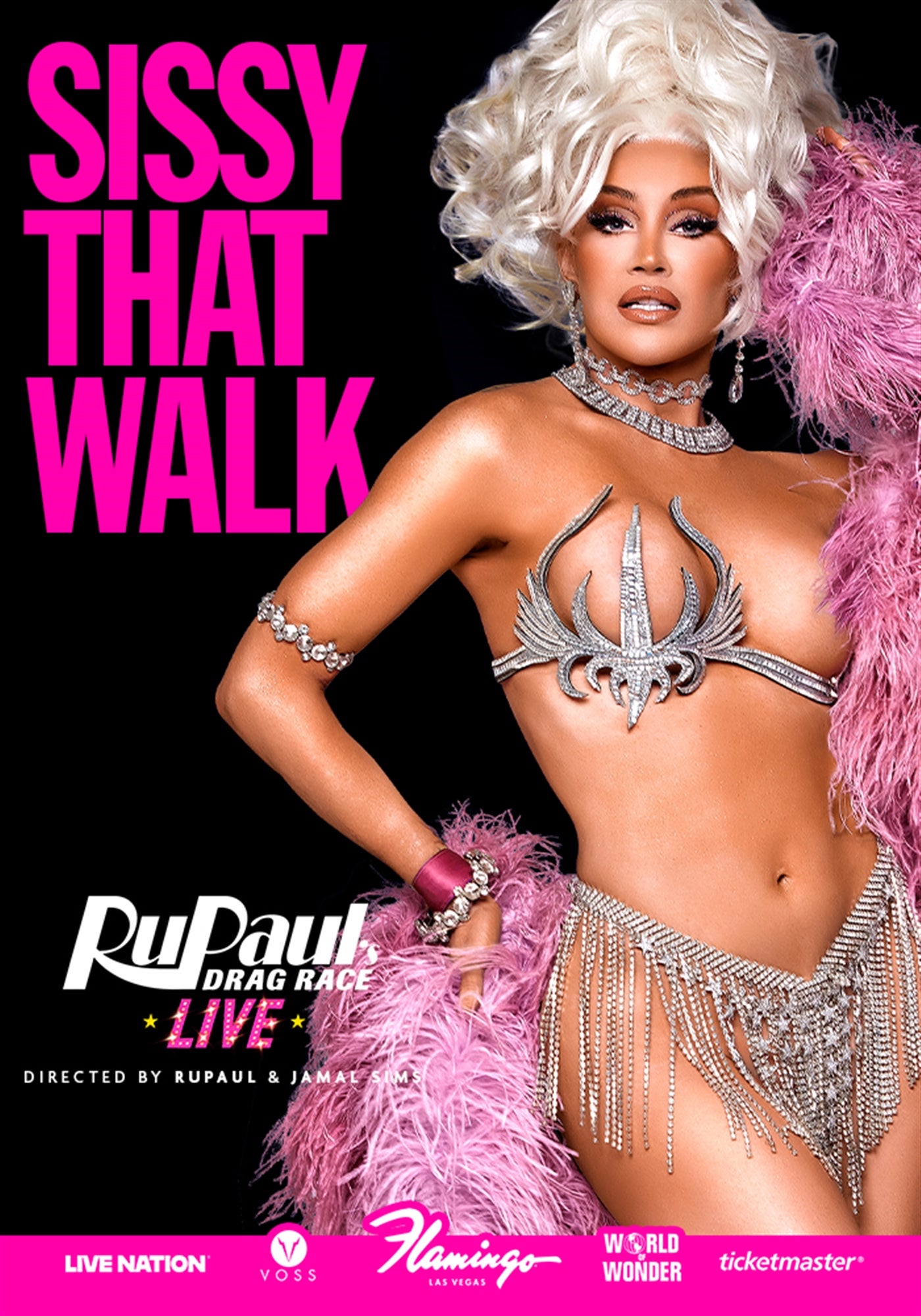 Performer in a glamorous costume poses with a feathered accessory. Text reads: "Sissy That Walk, RuPaul Drag Race Live, Directed by RuPaul & Jamal." Brand logos are at the bottom.