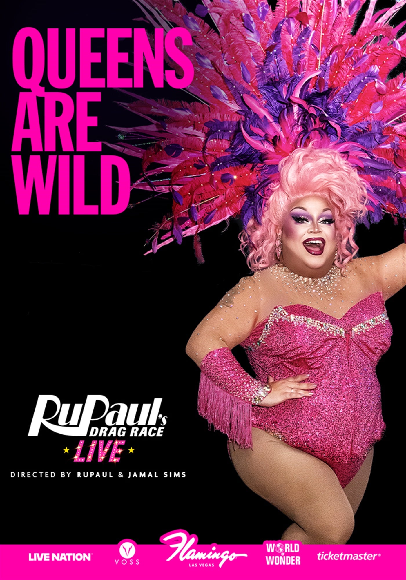 Person in a pink sequined outfit and feathered headdress poses with one hand on hip, smiling. Text reads "QUEENS ARE WILD" and "RuPaul's Drag Race Live!" with logos at the bottom.