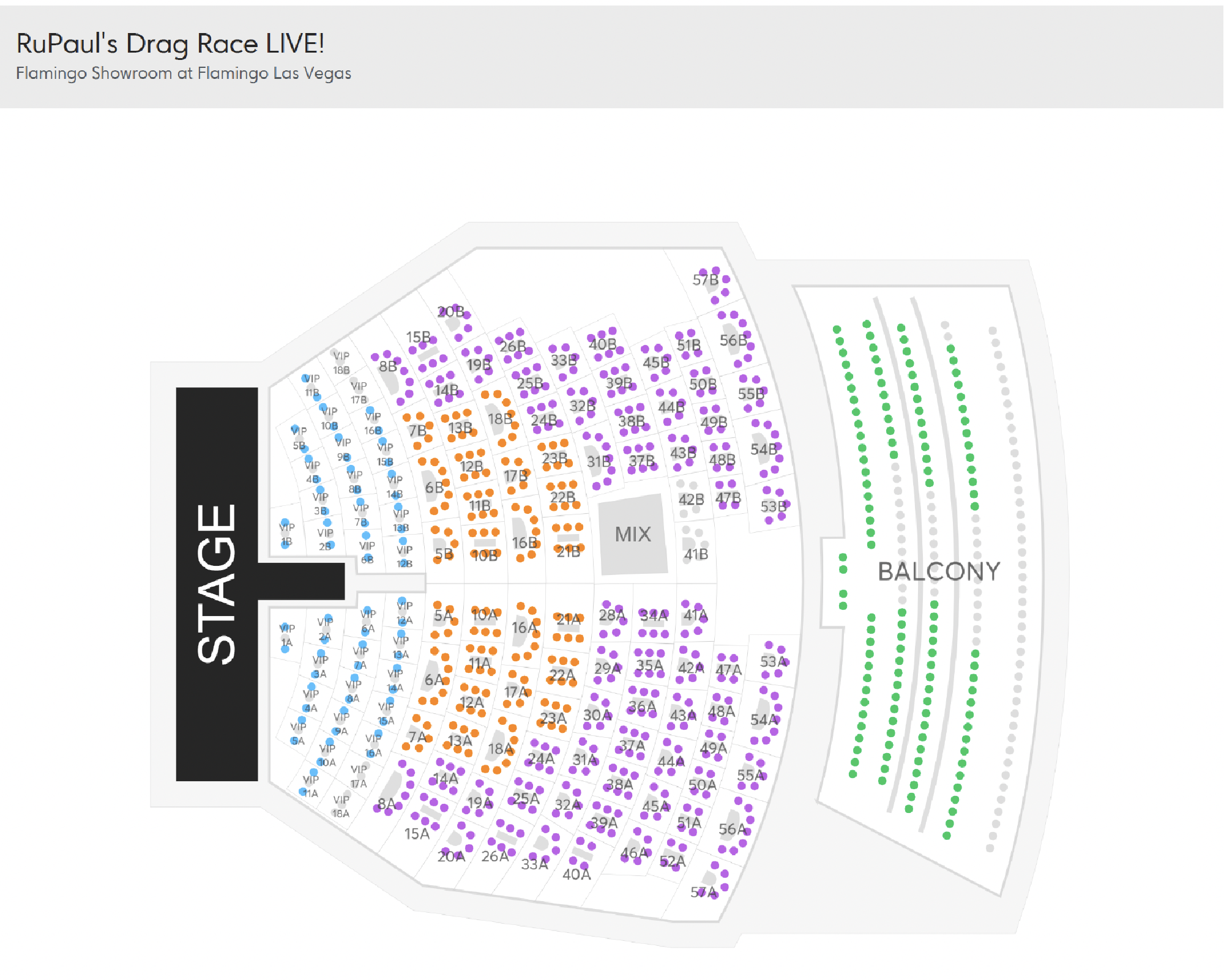 Seating chart for RuPaul's Drag Race LIVE at the Flamingo Showroom, Las Vegas, showing stage, main seating with mix section, and balcony area.