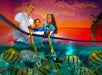 A smiling family—two adults and a child—interacting with colorful fish in a shallow aquarium, set against a vibrant sunset backdrop.