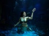 A person dressed as a mermaid performs underwater, surrounded by fish and aquatic scenery in a dimly lit setting.