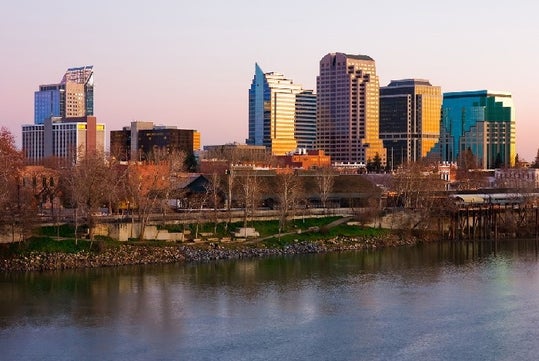View of the city at sunset from the Sacramento River: Alive After Five Cruise.