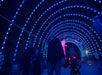 A family walks under an illuminated tunnel of blue lights at night.