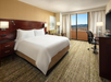 Hotel room with a large bed, desk, office chair, and a window with curtains. A view of a distant landscape is visible outside.
