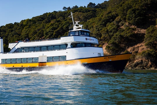 A white and yellow ferry named Bay Monarch travels on water near a forested shoreline under a clear sky.