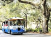 A blue and white Kelly Tours trolley drives down a tree-lined street with Spanish moss hanging from large branches.