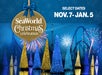 Promotional image for SeaWorld Christmas Celebration with decorated trees, fireworks, roller coasters, and event dates: Nov. 7 - Jan. 5.